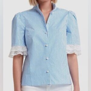 H by Halston Blue Striped Top with White Lace Trim